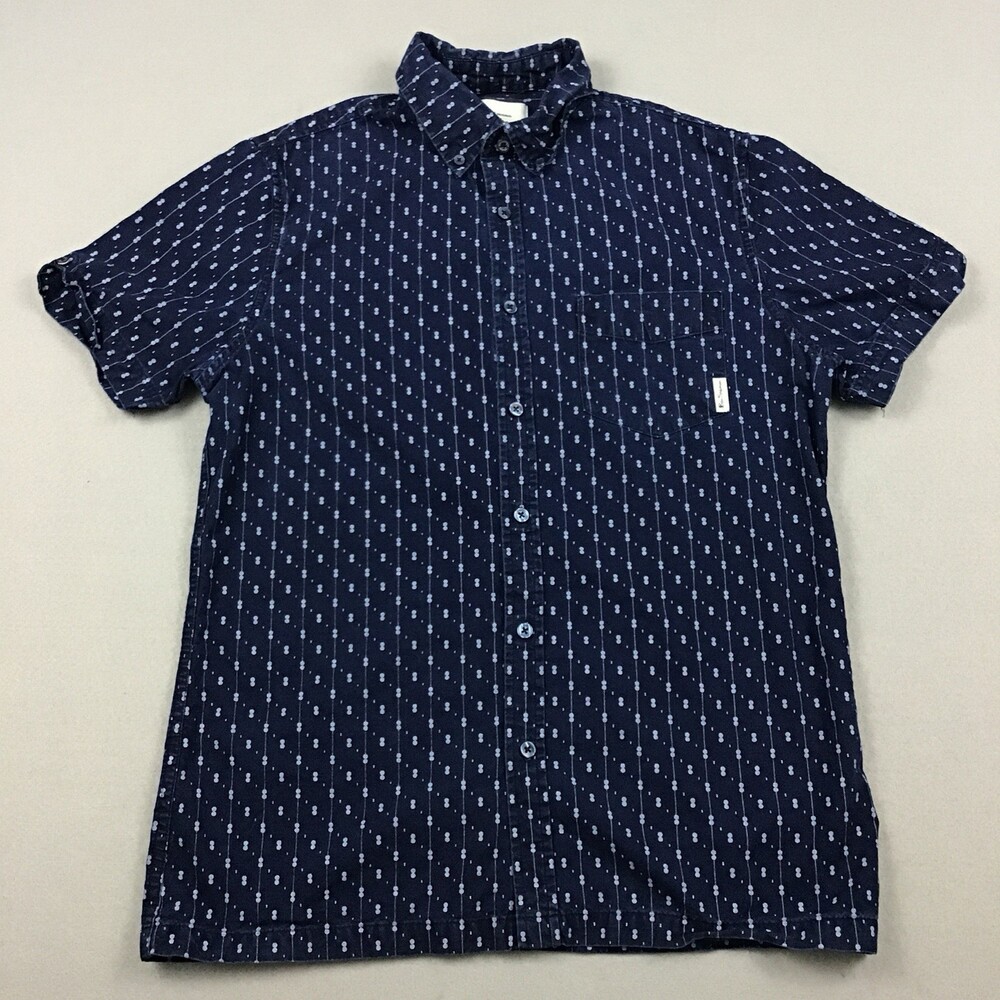 Ben Sherman Shirt Men Small Blue Geometric Button Up Short Sleeve Pocket Cotton